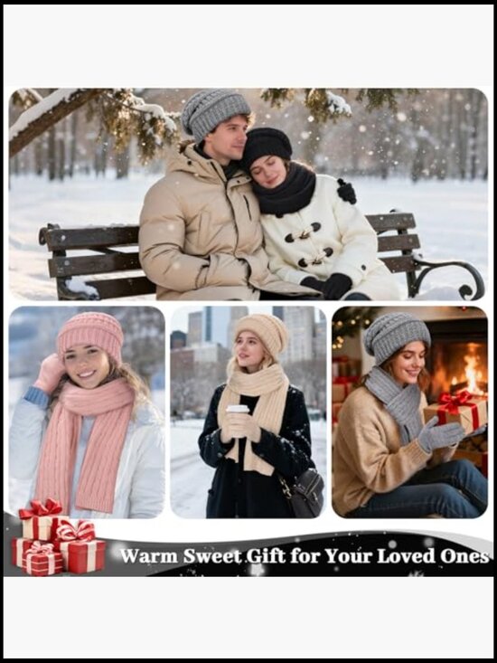 Satin Lined Slouchy Beanie Knit Scarf Touchscreen Gloves Winter 3 Pc Set